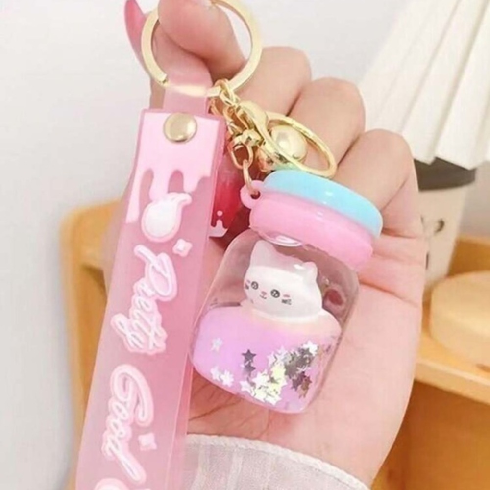 Tea Cup & Cat & Macaron Shaped Pink Keychain, Milk Bottle & Acrylic Keyring